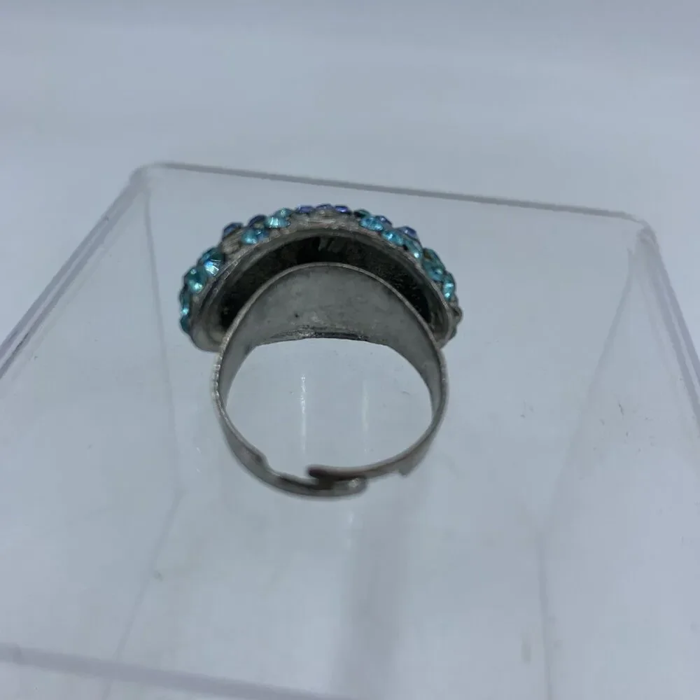 Vintage High Domed Cocktail Ring Blue Rhinestone Cluster MCM Costume‎ Jewelry